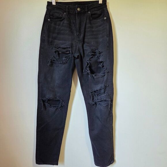 EUC AMERICAN EAGLE OUTFITTERS REAL GOOD DARK WASH DESTROYED MOM JEANS SIZE 2 - Picture 1 of 16